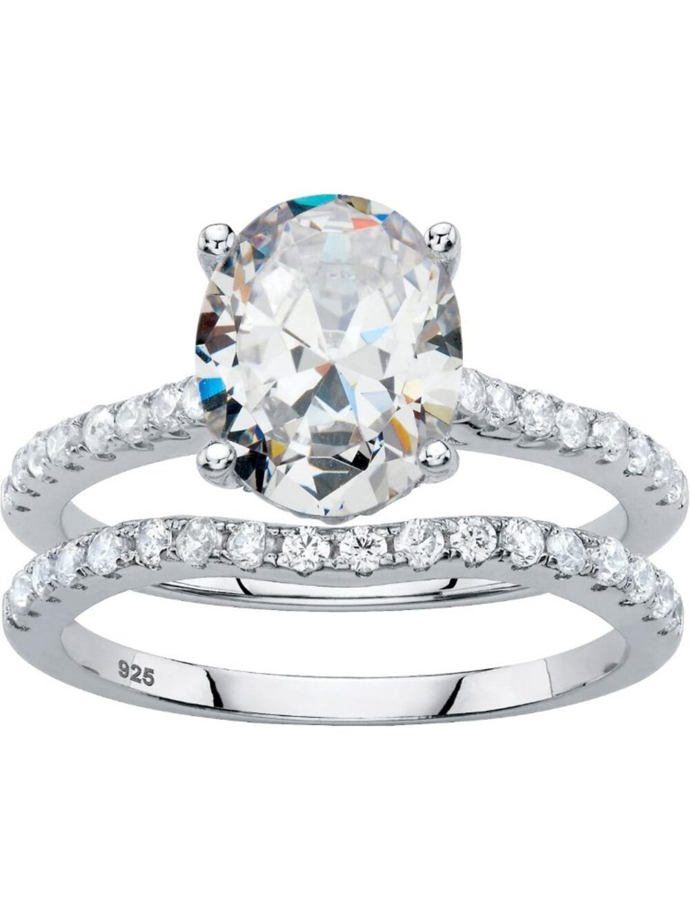 Elegant Platinum Over Sterling Silver Oval & Round CZ Bridal Ring Set - 2 Pieces